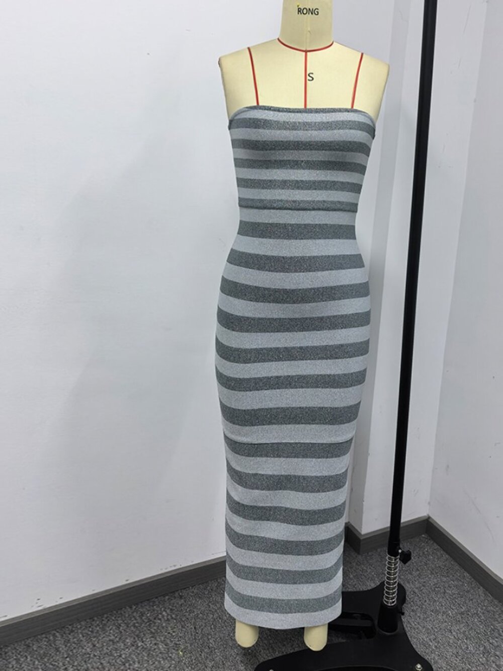 Glam Grey Metallic Shimmer Stripe Tube Bandage Bodycon Maxi Gown - Picture 4 of 6